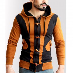 Celio Loop Brown Black Contrast Zipper Fleece Hoodie